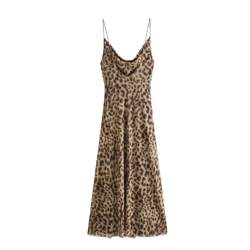 Leopard Long Dress Women Tulle Backless Slip Dress Woman Summer Holiday Dresses