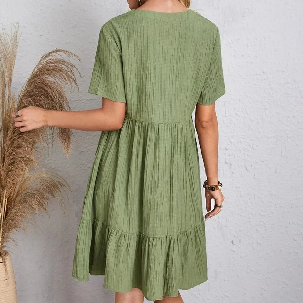 Women Summer Peplum Dresses Spring V-Neck Short Sleeve Loose Waist Ruffle Fit Flare Vocation Dresses